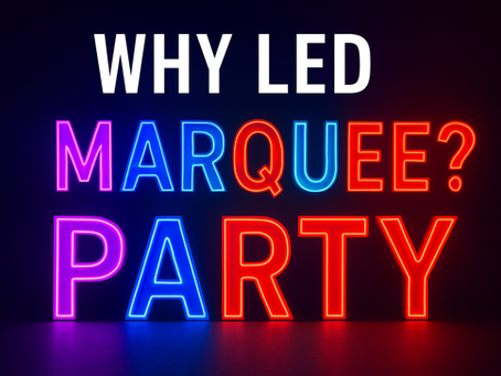LED marquee lights with glowing neon letters promoting the benefits of using LED marquee lights for events.