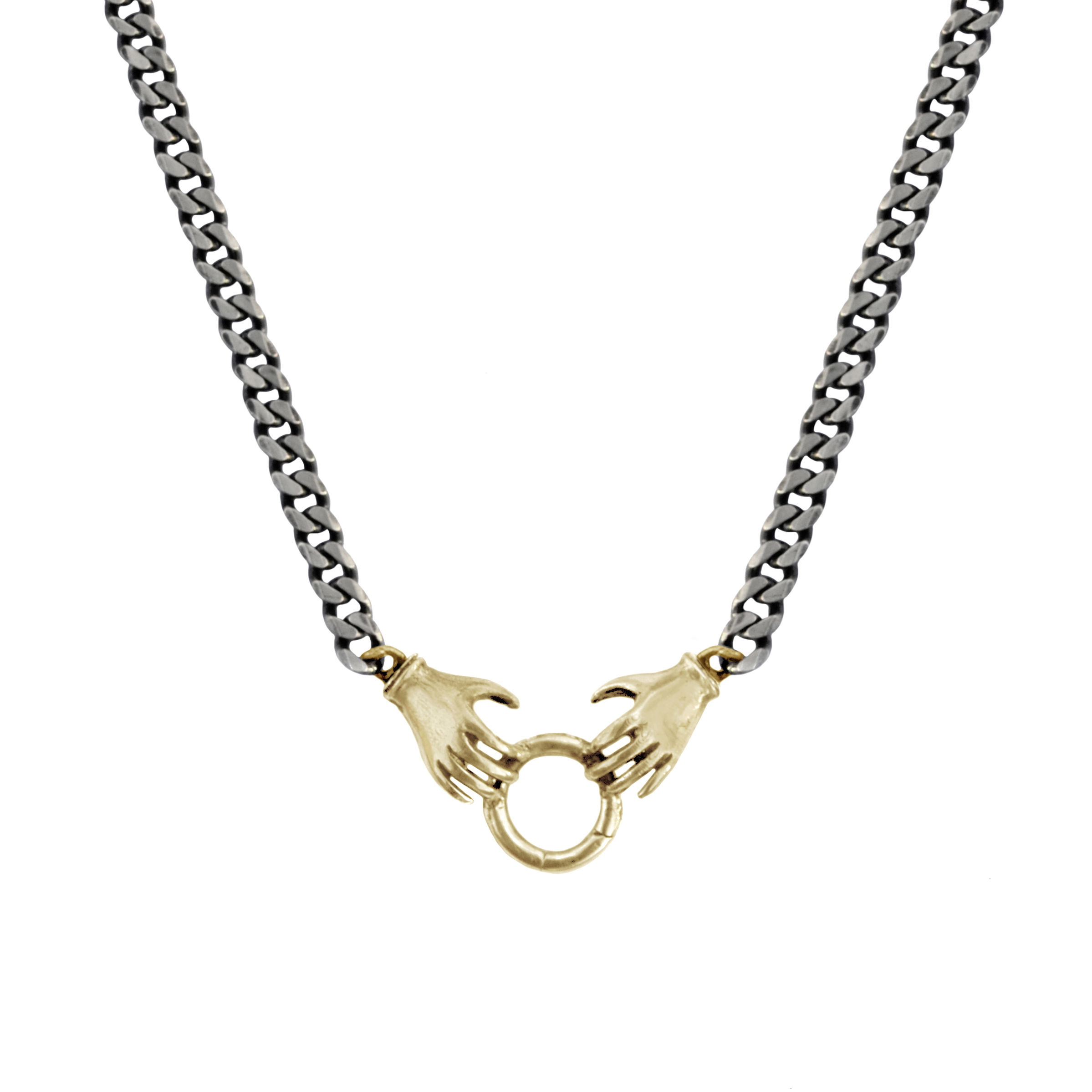 MIXED METAL DOUBLE HAND CHARM HOLDER NECKLACE