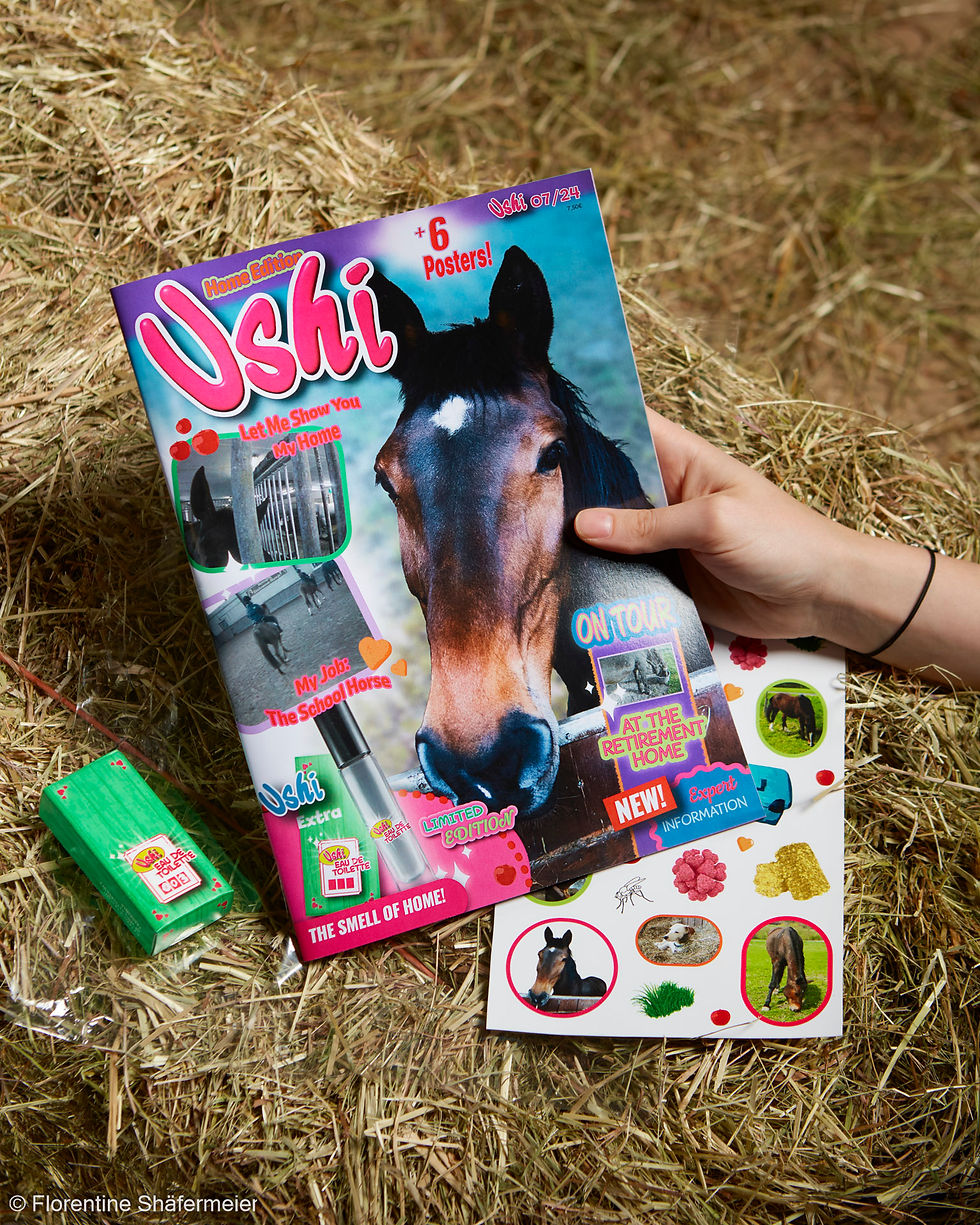 Florentine Shäfermeier's magazine for young horse girls in which the protagonist is a school horse showing its life from its own perspective. The magazine comes with a Parfume which smells like the horse’s farm.