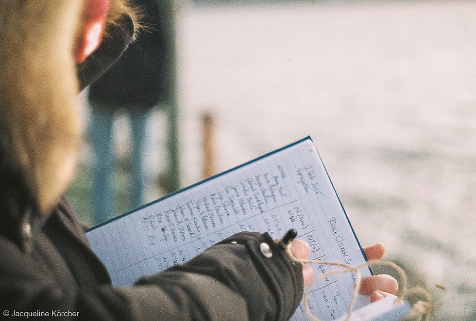 Kelper taking fieldnotes, by Jacqueline Kärcher (analog photography).