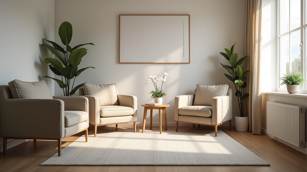 Eye-level view of a serene counseling room with comfortable seating