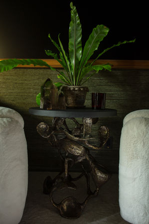 A sculptural side table with an intricate organic base, adorned with a bird's nest fern in a decorative pot, smoky quartz crystals, and a red glass accent, flanked by two plush white chairs. Designed by Bar Kay Design Co., an interior design business located in Oregon, specializing in services across Eugene, Bend, and Portland, showcasing high-quality craftsmanship and innovative design.