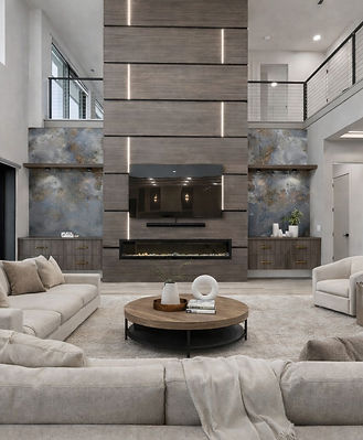 Modern luxury living room interior design with double height ceiling, statement fireplace wall, neutral furniture and open concept layout