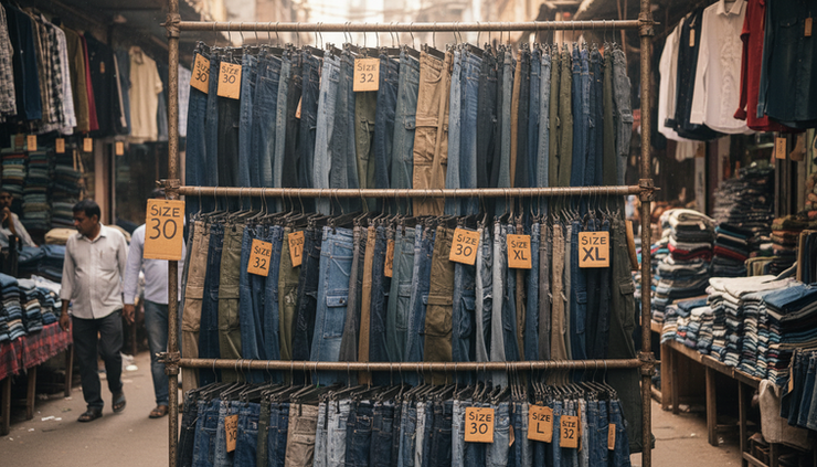 Eye-level view of denim jeans and casual trousers displayed in a Delhi market stall