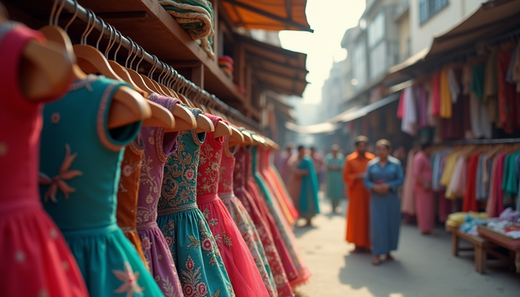 Eye-level view of a wholesale clothing market stall in Delhi filled with colorful women's garments