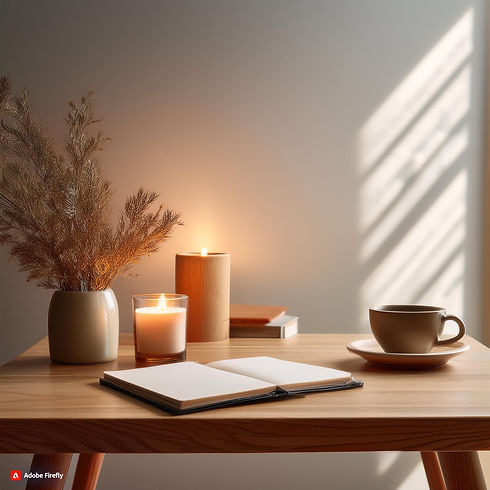 Firefly Minimalist, cozy workspace with a warm, inviting feel—a small wooden desk with a s