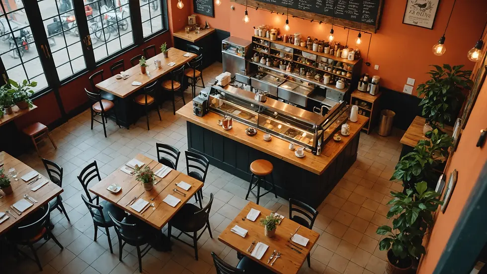High angle view of an eclectic café with a vibrant interior