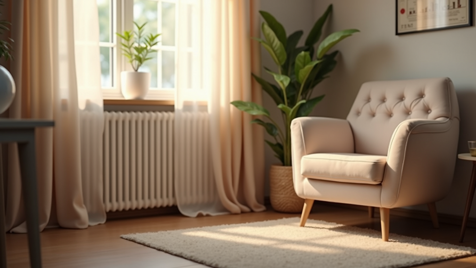 Eye-level view of a cozy therapy room with a comfortable chair and soft lighting