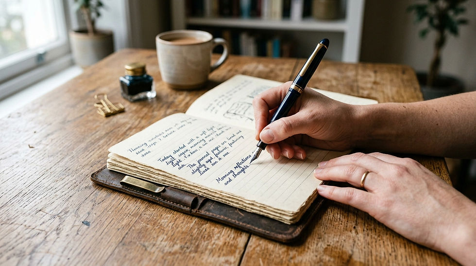 Hand writing in a notebook on a sunlit wooden table beside a steaming mug and small plant, creating a calm, cozy mood.