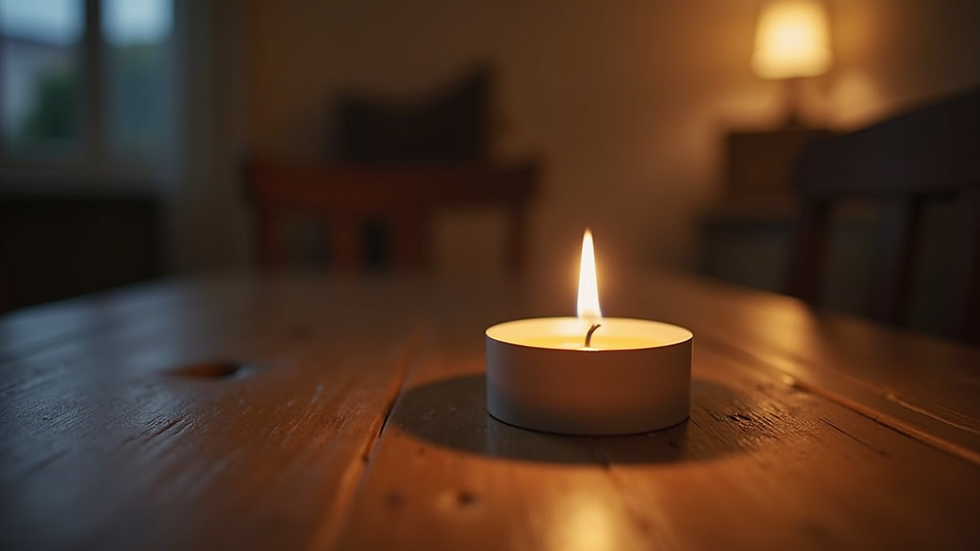 Eye-level view of a single lit candle on a wooden table