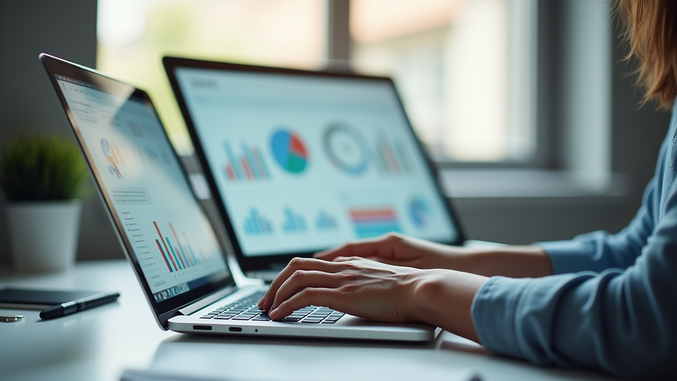 Eye-level view of a person working on a laptop with data visualization charts on the screen