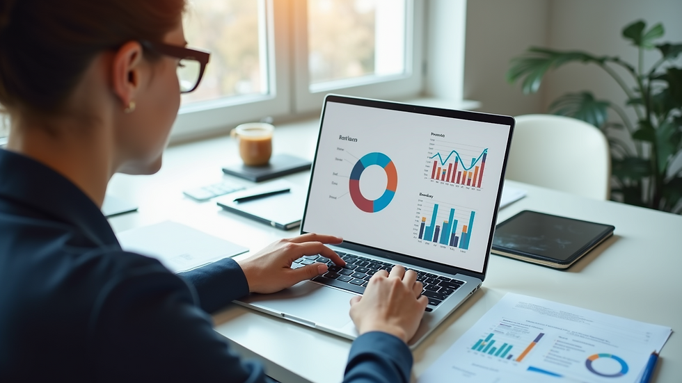 Eye-level view of a business professional analyzing charts on a laptop