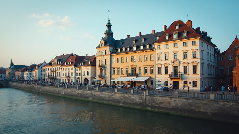 Eye-level view of hotel facade with historic architecture and river in front