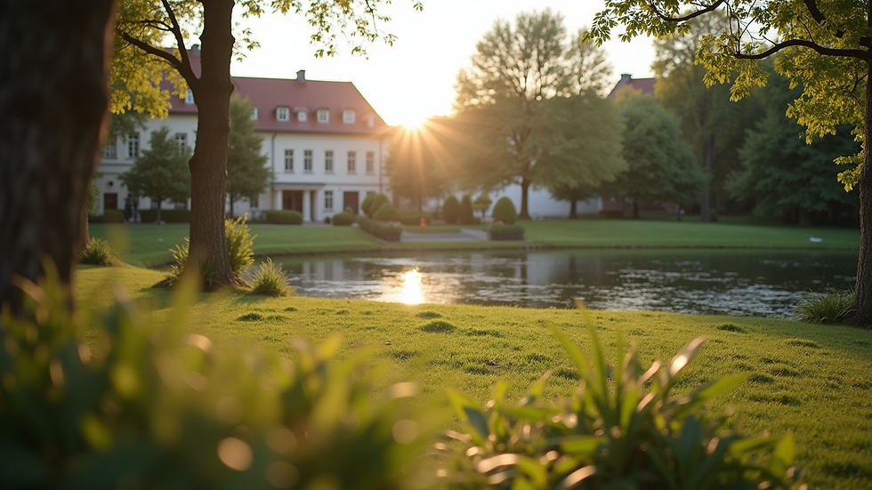 Weitwinkelaufnahme des ruhigen Hotelgartens mit Blick auf den Fluss