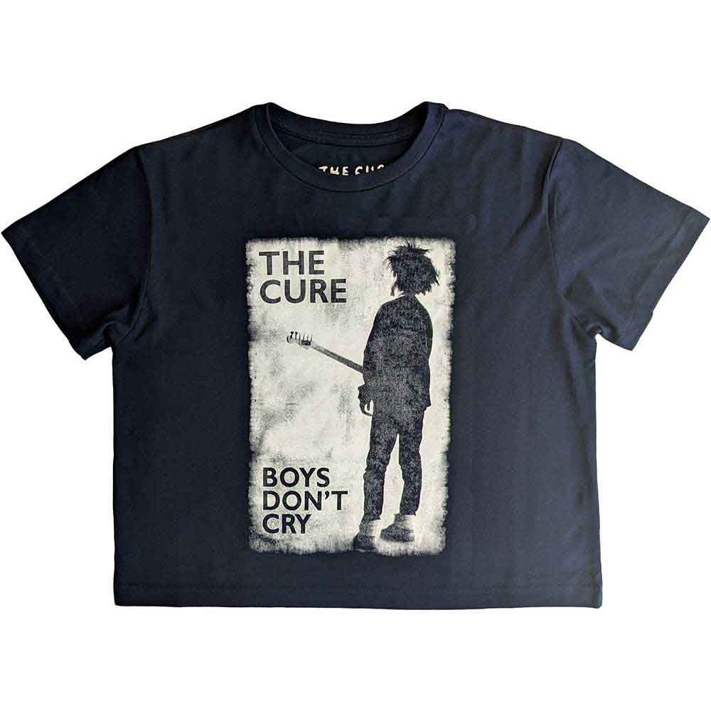 Navy crop top with black and white graphic showing The Cure’s Boys Don’t Cry text and guitar silhouette.