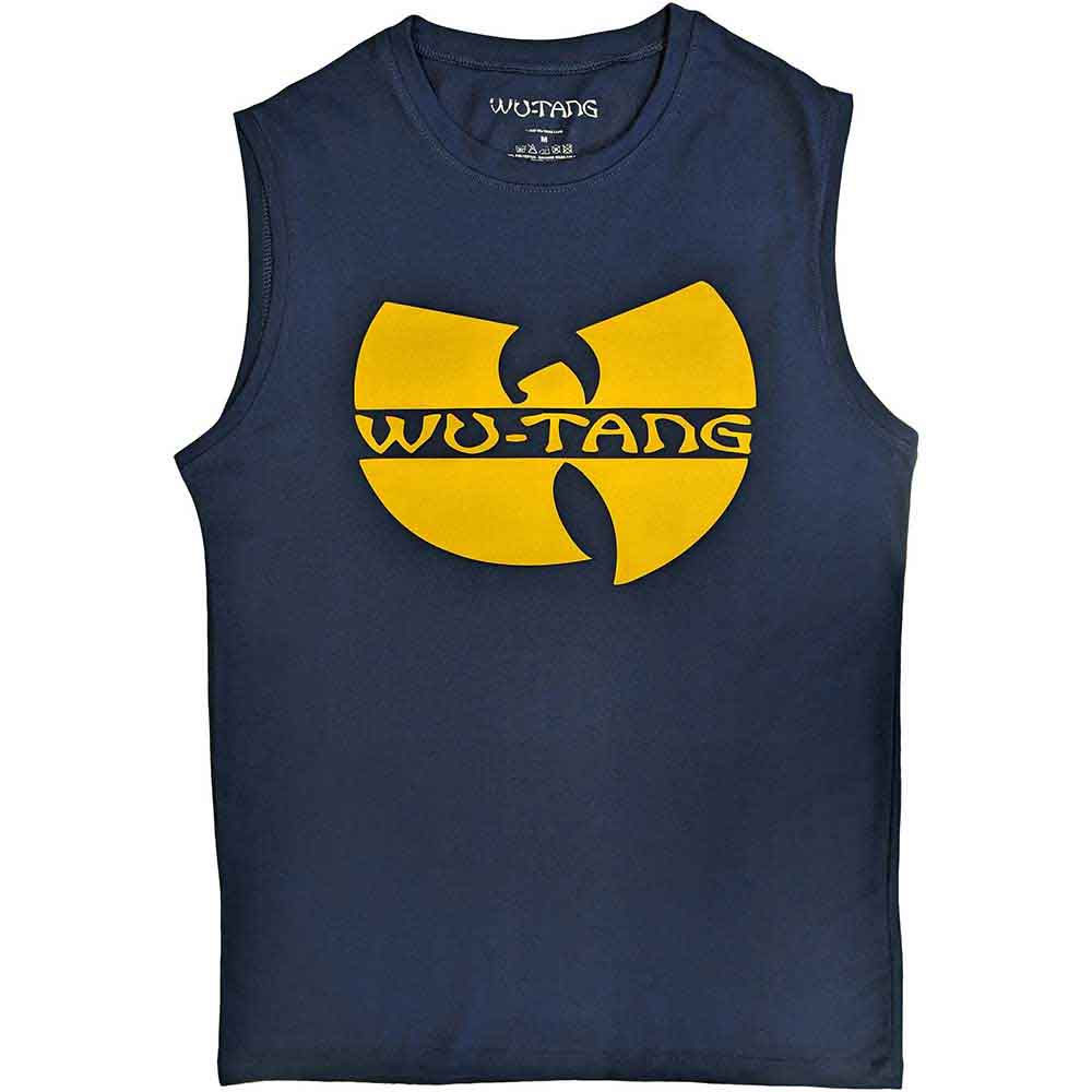 Navy blue tank top with large yellow Wu-Tang Clan “W” logo and stylized “WU-TANG” text across the chest; sleeveless and unise
