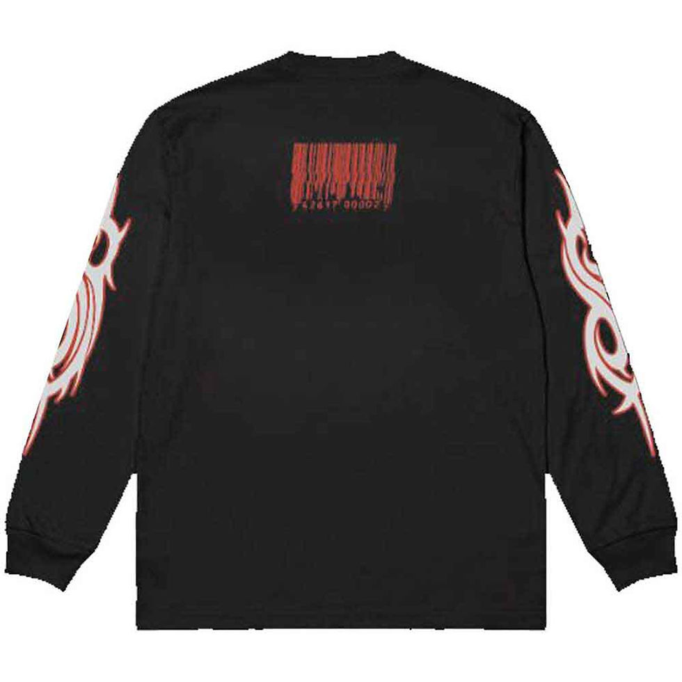 Black unisex long sleeve t-shirt featuring Slipknot band photo on front, tribal sleeve prints, and red barcode graphic with l