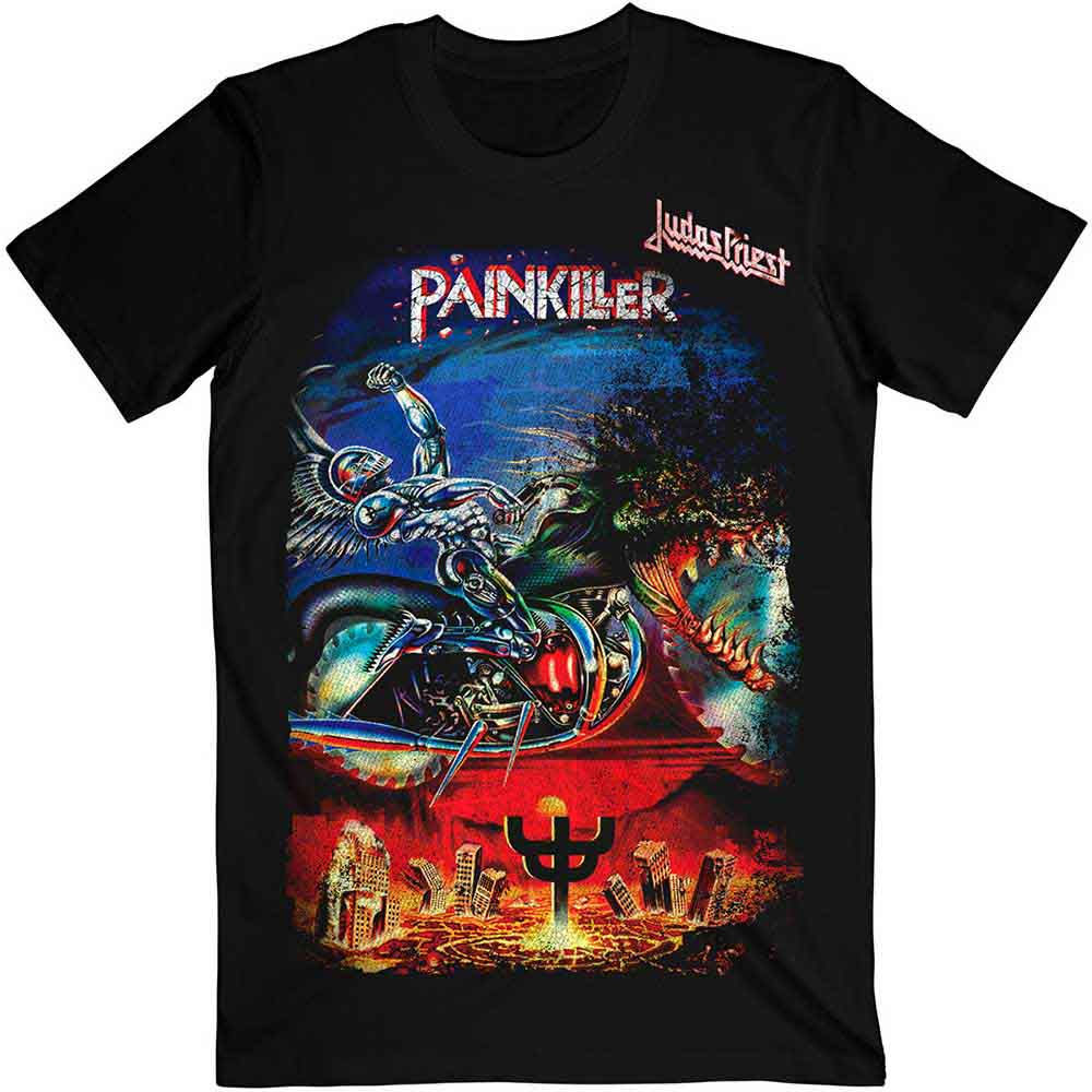 Black t-shirt with Judas Priest Painkiller artwork—winged figure on motorcycle, dragon, and fiery cityscape; unisex fit.