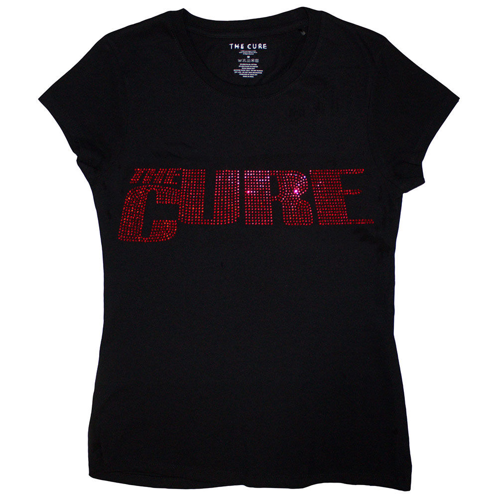 Black ladies’ t‑shirt with red rhinestone “The Cure” logo in a bold, sparkling design.