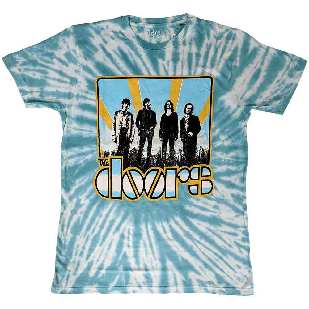 Light blue tie-dye unisex t-shirt featuring The Doors’ Waiting for the Sun album graphic with band silhouette and retro logo.