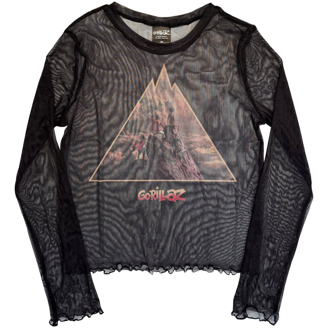 Black ladies’ long sleeve mesh crop top featuring triangular Gorillaz “The Mountain” graphic on the front.