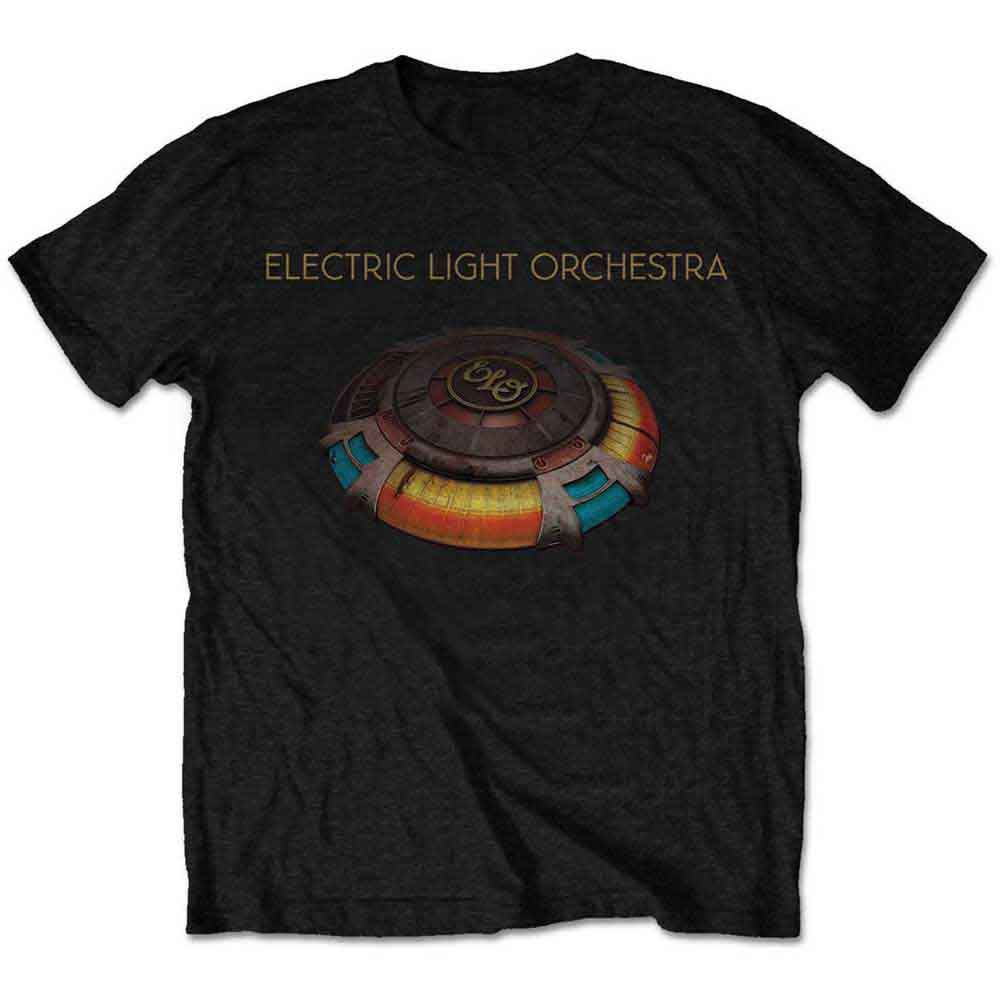 Black unisex t-shirt with Electric Light Orchestra’s Mr. Blue Sky album artwork featuring colorful spaceship logo.