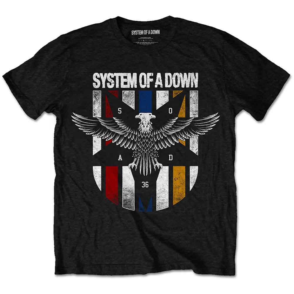 Black t-shirt with System of a Down Eagle Colours crest; eagle over red, blue, yellow, and white shield with S.O.A.D. letteri