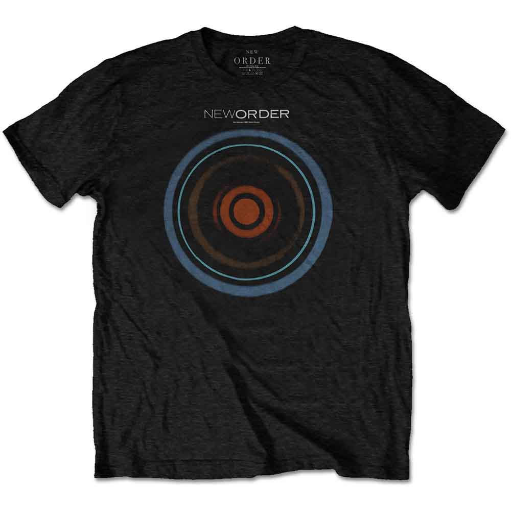 Black unisex t-shirt with New Order Blue Monday design—blue and orange concentric rings beneath white band logo.