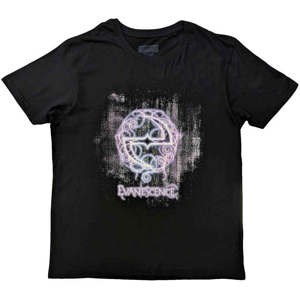 Black unisex Evanescence t-shirt with lilac-white band logo and distressed background graphic.
