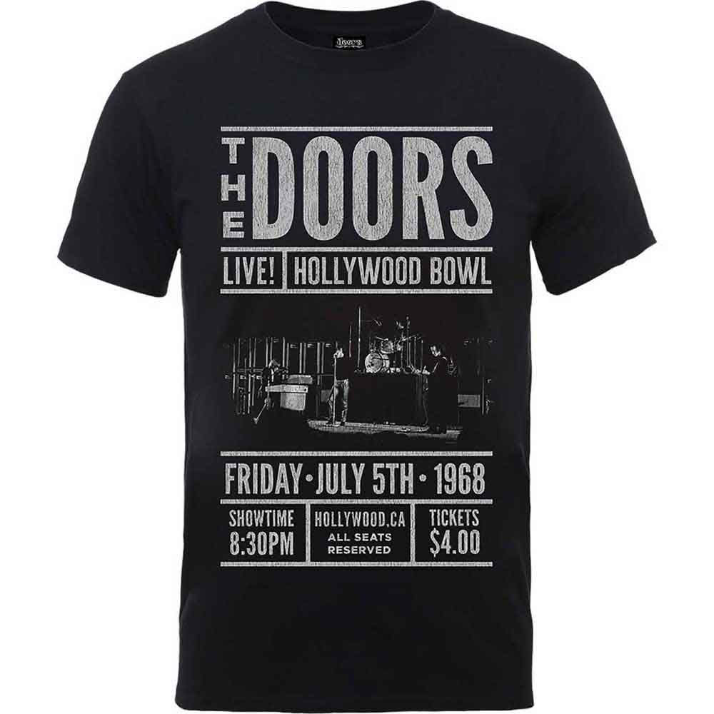 Black unisex t-shirt featuring The Doors’ Hollywood Bowl 1968 concert poster design with showtime, ticket price, and band pix