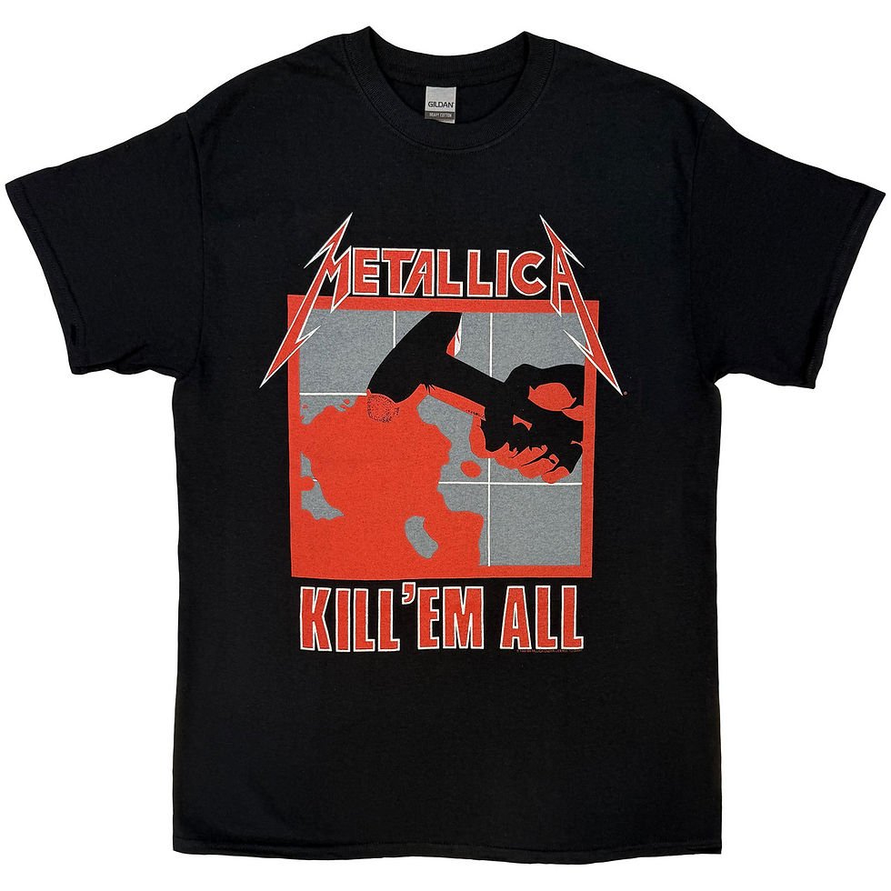 Black unisex t‑shirt with Metallica Kill ’Em All hammer artwork on the front and electric‑chair graphic on the back.