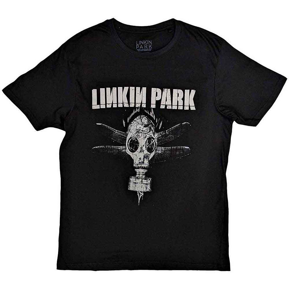 Black unisex t-shirt with Linkin Park gas mask graphic—white logo above winged mask design.