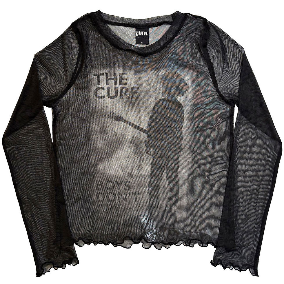 Black ladies’ long sleeve mesh crop top featuring monochrome The Cure Boys Don’t Cry graphic on the front.