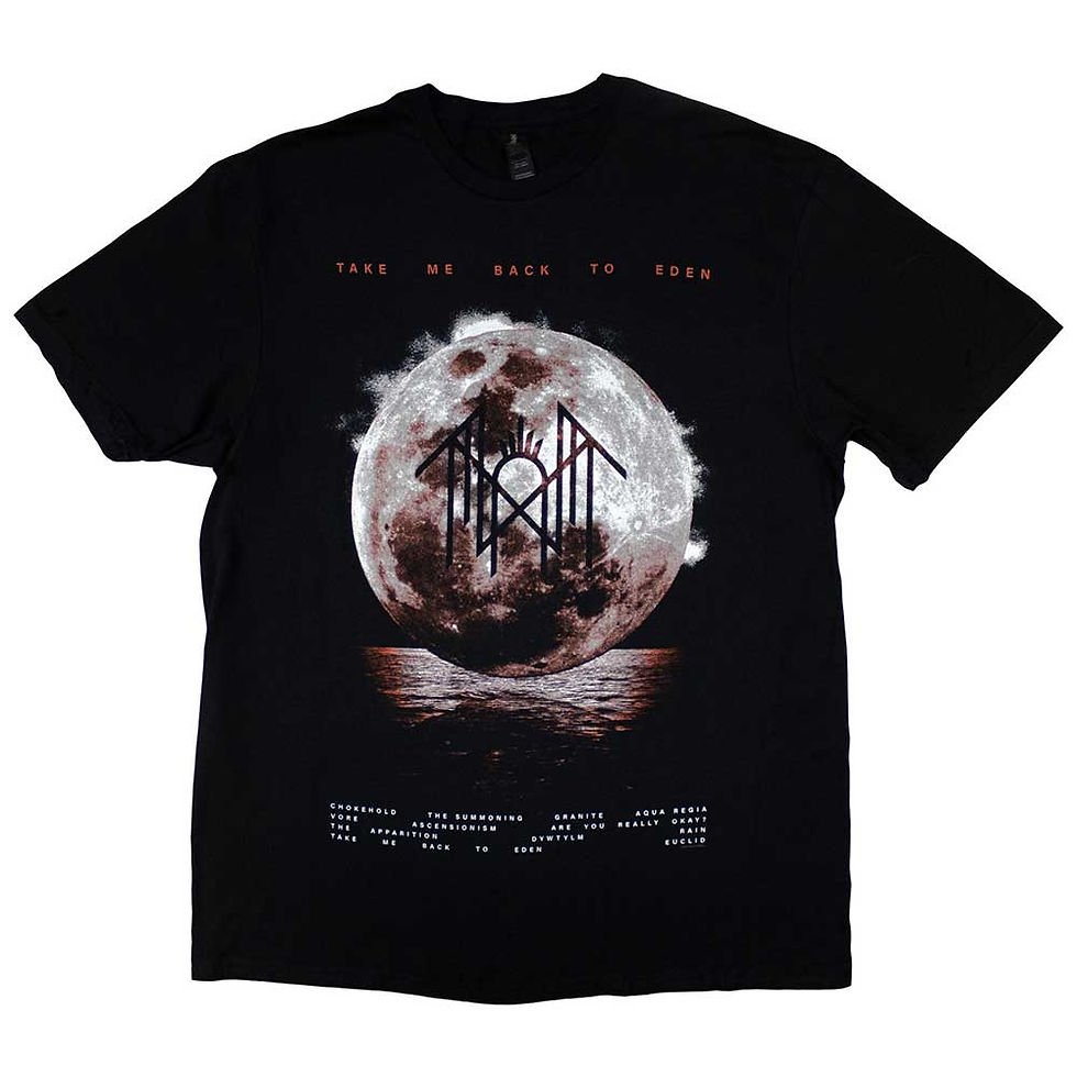 Black t-shirt with Sleep Token Red Cloud moon graphic, red “Take Me Back to Eden” text, and album tracklist.
