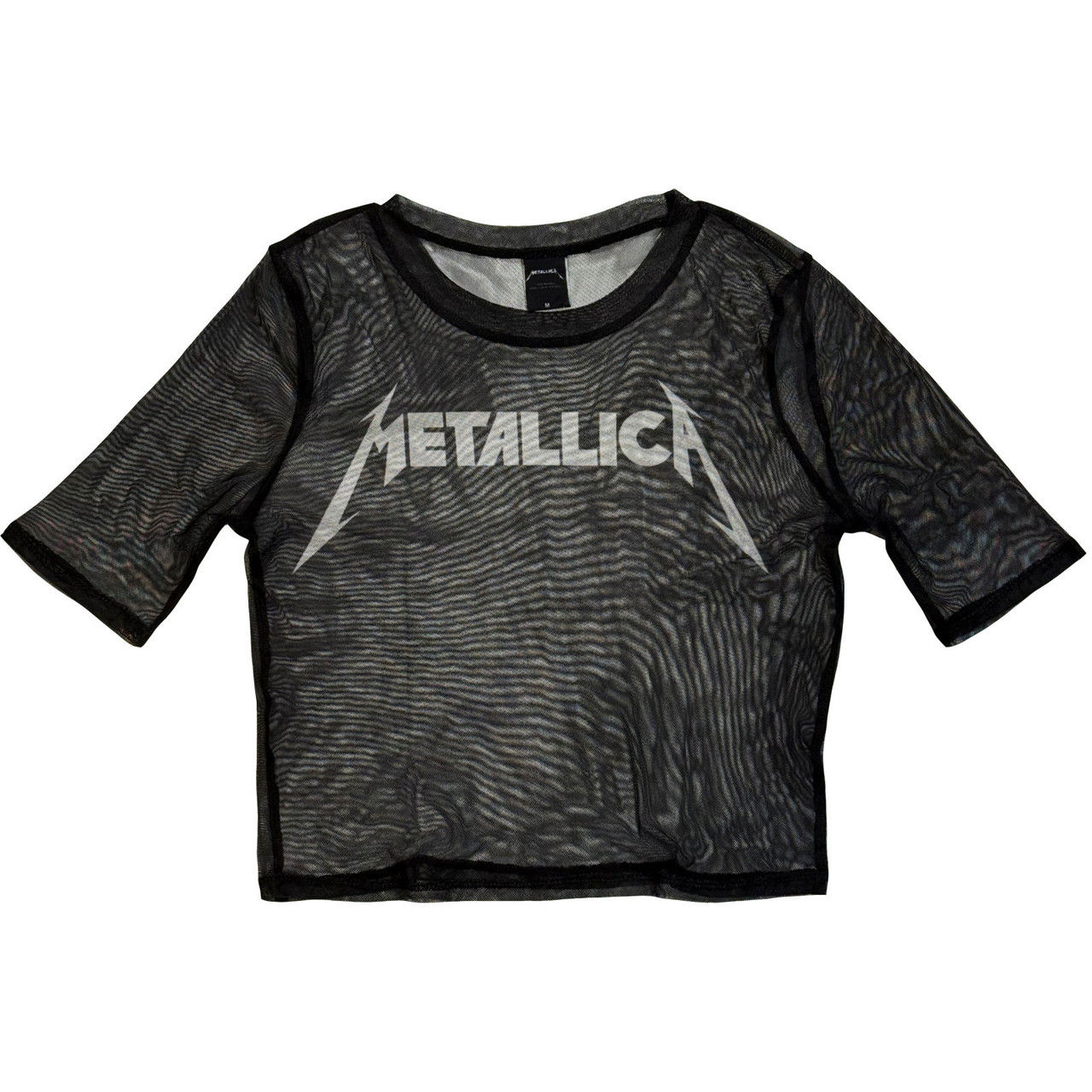 Black ladies’ mesh crop top featuring bold white Metallica logo across the chest.