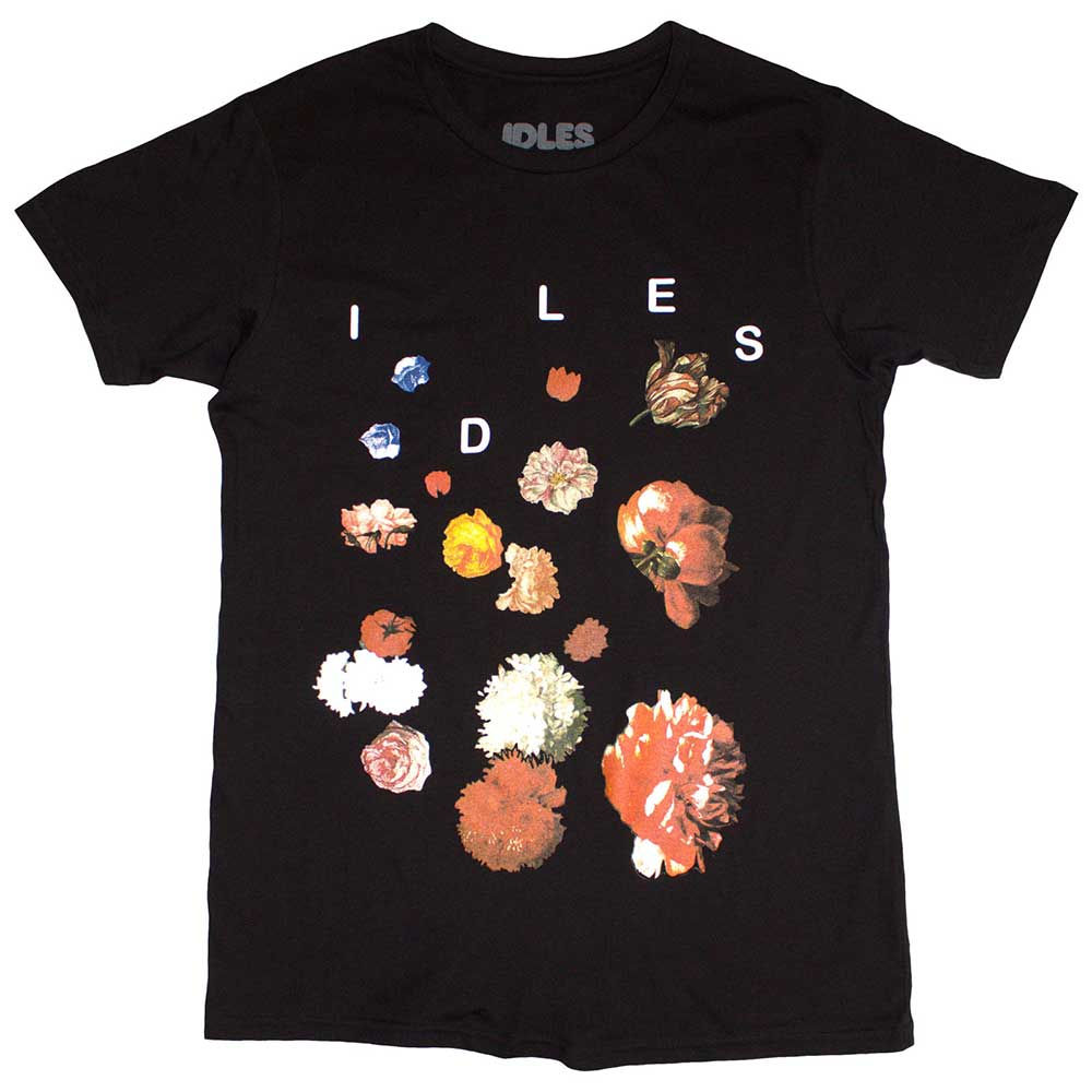 Black t-shirt with colorful floral graphic and white “IDLES” logo; unisex short-sleeve fit.