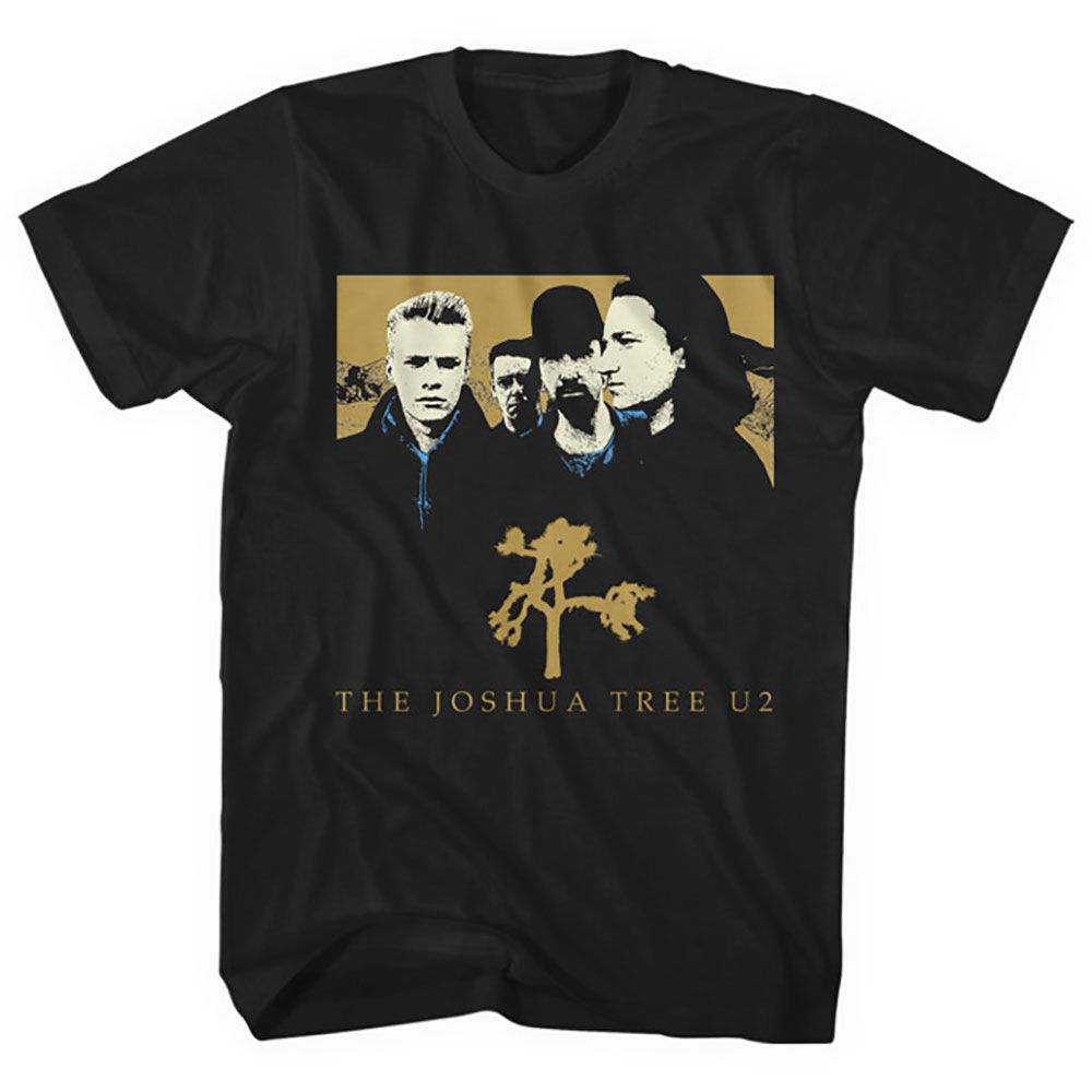 Black unisex t-shirt with U2’s Joshua Tree album cover—band silhouette and gold Joshua tree graphic.
