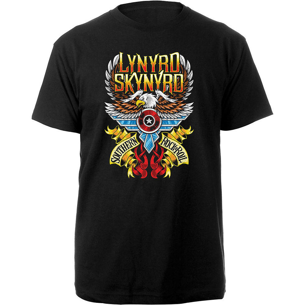 Black t-shirt with Lynyrd Skynyrd eagle, flames, and “Southern Rock & Roll” banners; unisex short-sleeve fit.