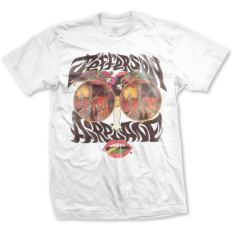 White t-shirt with Jefferson Airplane psychedelic lips design, rainbow mouth and colorful sunglasses; unisex short-sleeve fit