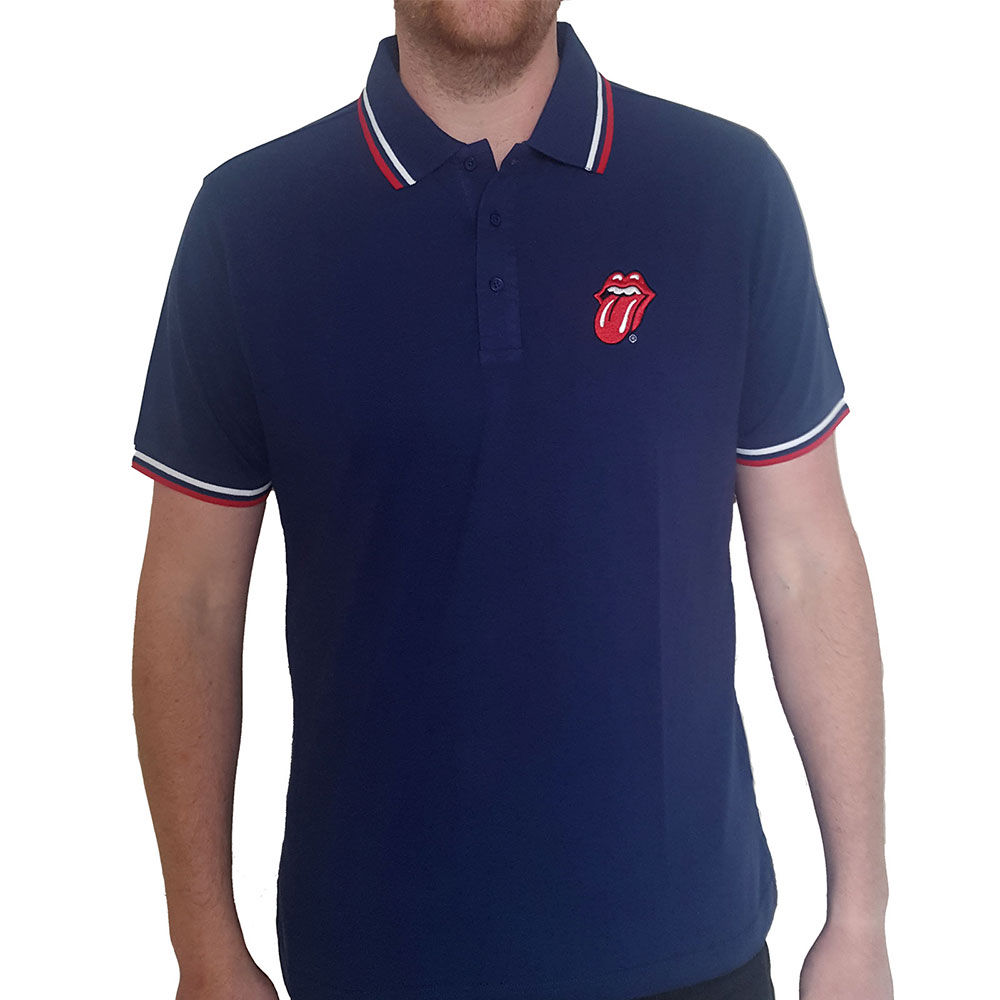 Navy blue unisex polo shirt with embroidered Rolling Stones tongue logo and red/white tipped collar and sleeves.