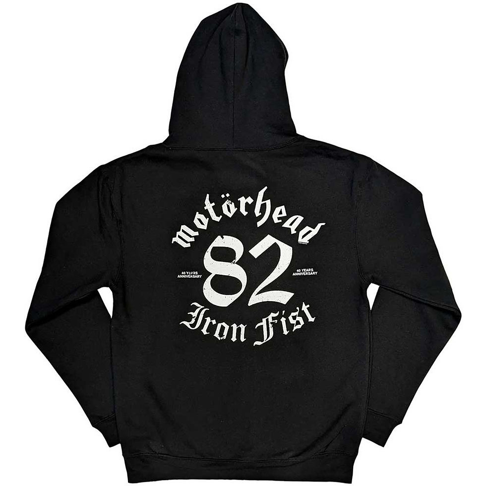 Black unisex hoodie featuring Motörhead logo on front and Iron Fist '82 graphic with bold white text on back.
