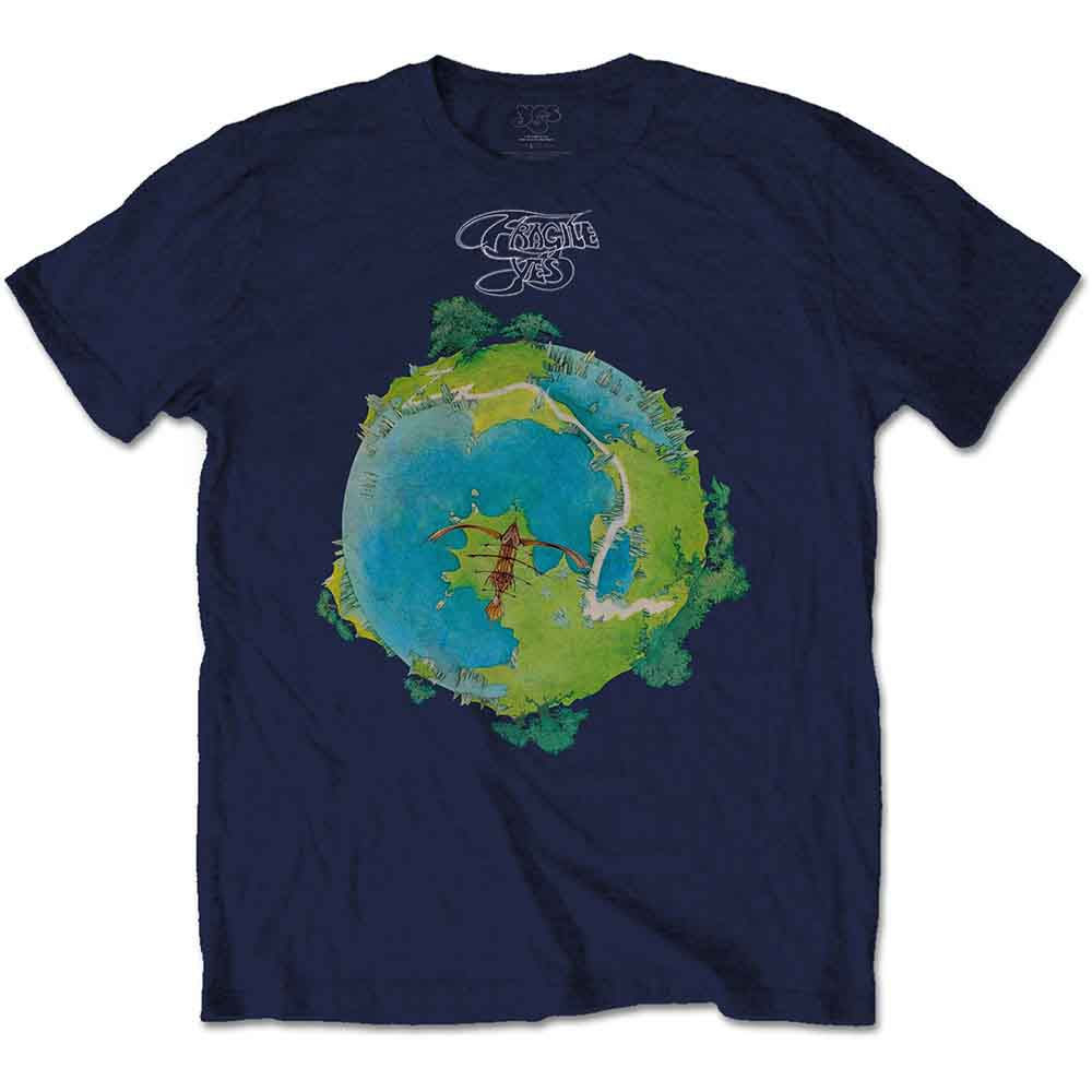 Navy blue t-shirt with YES Fragile album artwork and stylized white logo; unisex short-sleeve fit.