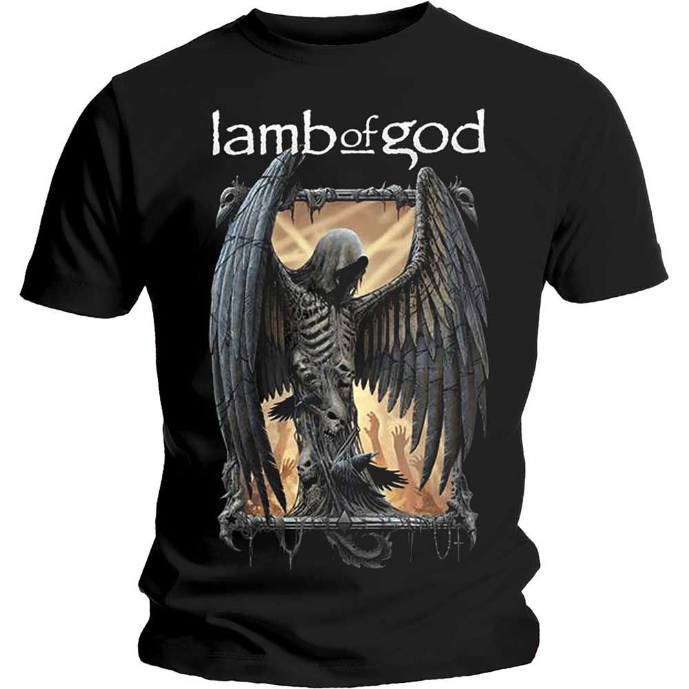 Black t-shirt with skeletal winged reaper rising from flames and white Lamb of God logo; unisex short-sleeve fit.