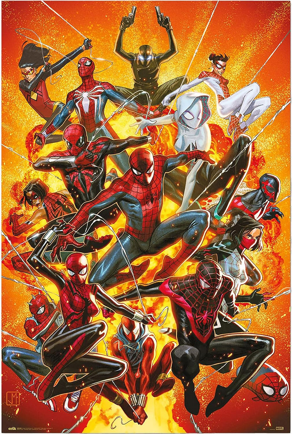 Marvel Spider-Geddon poster with multiple Spider-Man variants in action poses against a fiery background; 61 x 91.5cm.