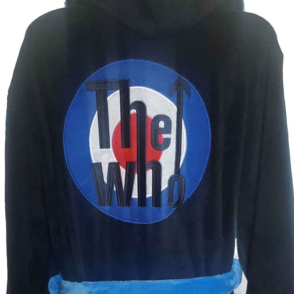 Thumbnail: Black unisex bathrobe with blue trim featuring small chest emblem and large circular Target‑style logo on the back.