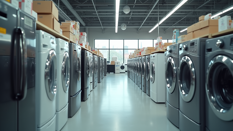 High angle view of a store aisle with various home appliances on sale