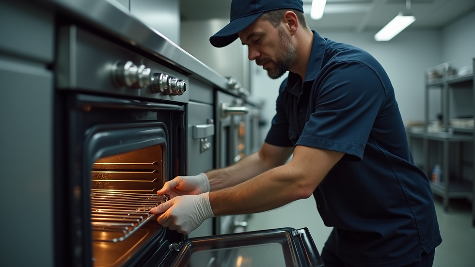 Close-up view of a technician repairing a kitchen oven