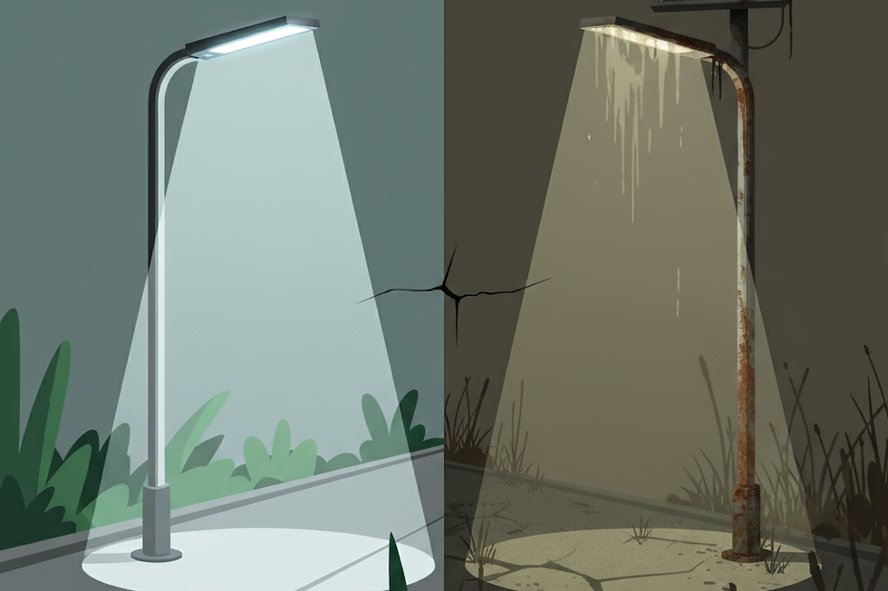 The stark contrast between a well-maintained and a neglected solar street light.