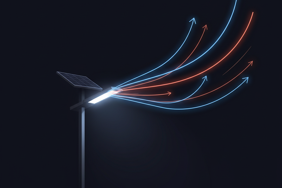 Conceptual art showing heat dissipating from a solar street light, symbolizing effective thermal management.