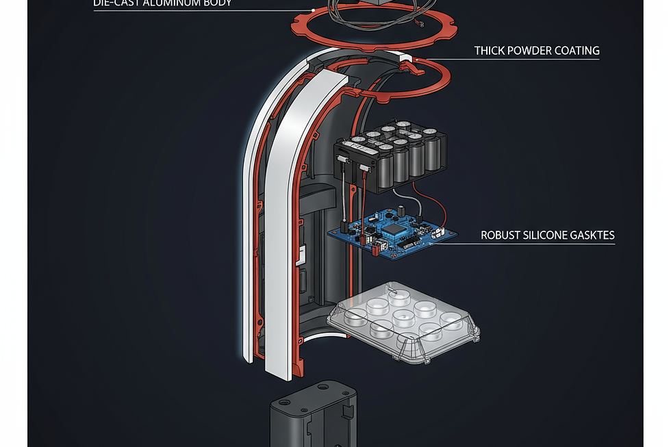 Exploded diagram showing the durable construction of a corrosion-resistant solar light.